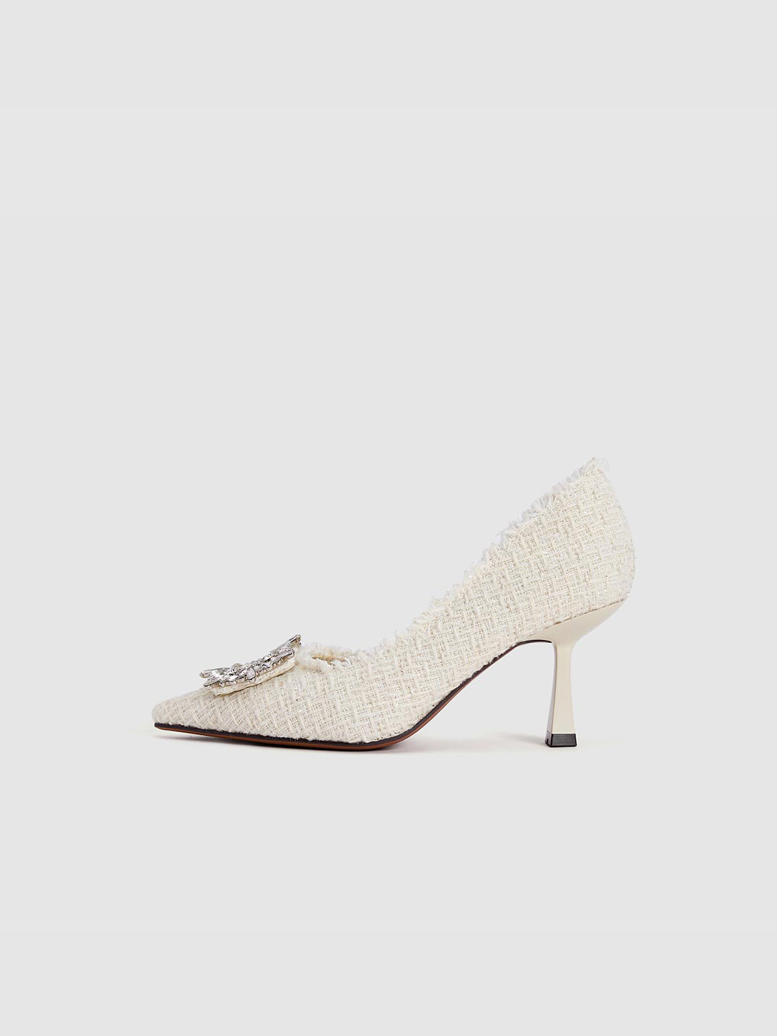 Raw Hem Tweed Heeled Pumps