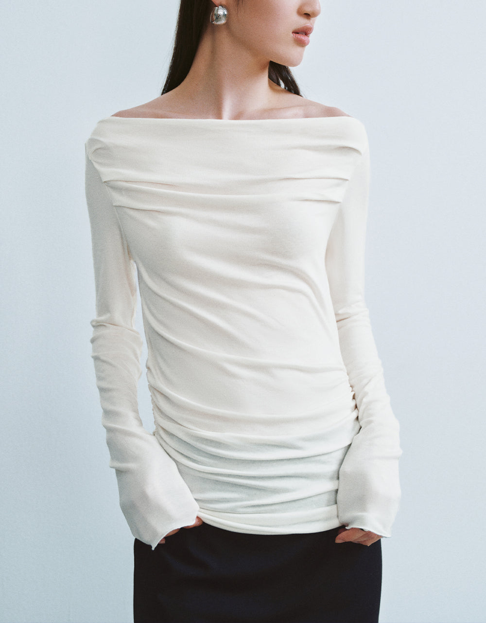 Cowl Neck Ruched Skinny T-Shirt