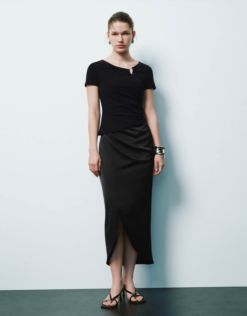 Ruched Midi Straight Skirt