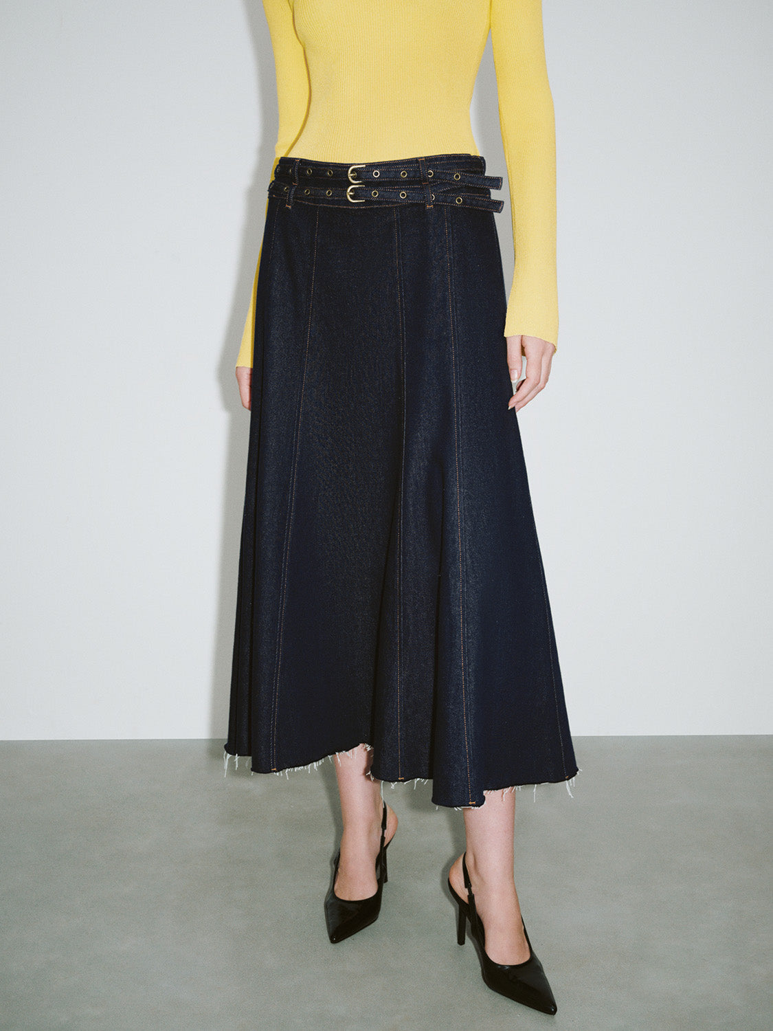 Midi Denim Skirt With Double Belts