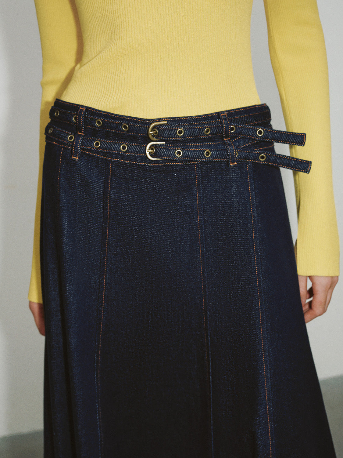 Midi Denim Skirt With Double Belts