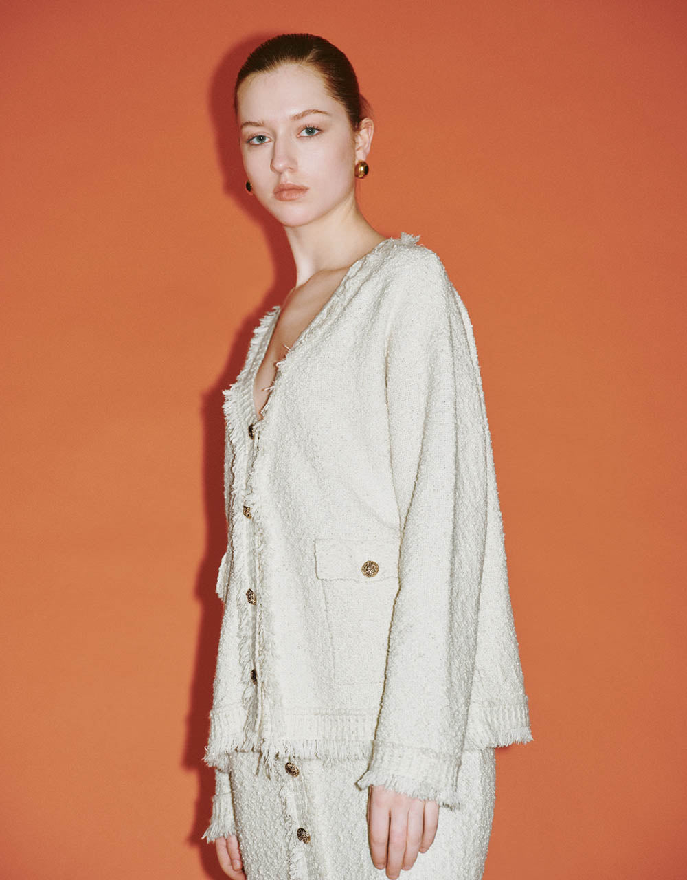 Tweed Raw Trim  V-Neck Knitted Cardigan