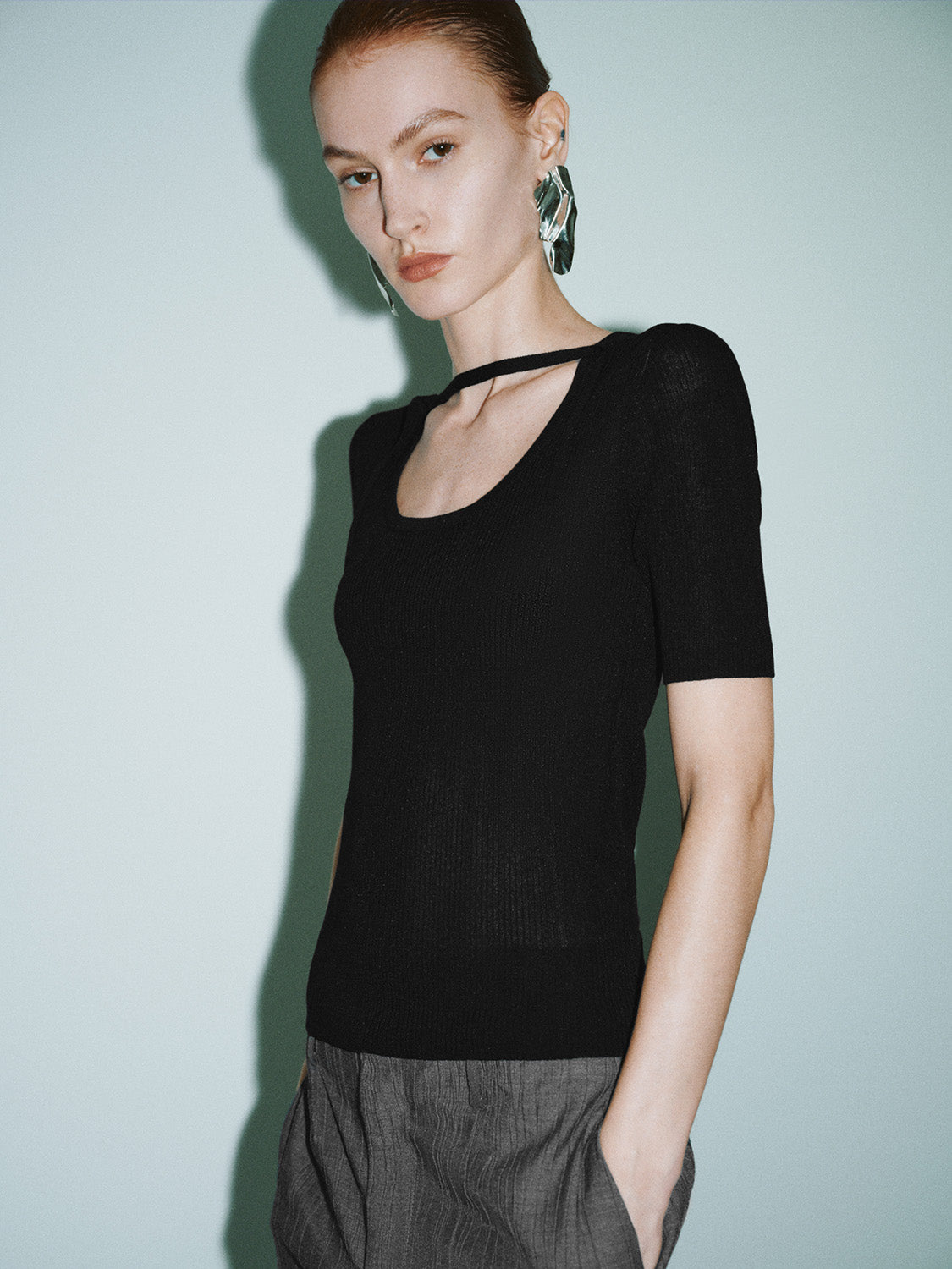 Keyhole Neck Skinny Knitted T-Shirt