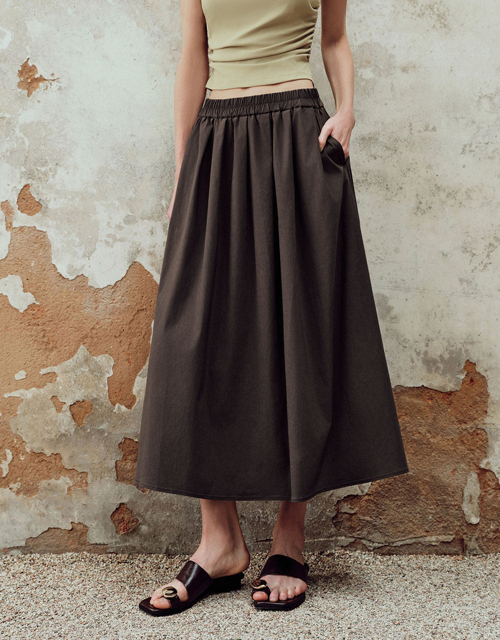 Elastic Waist Midi A-Line Skirt