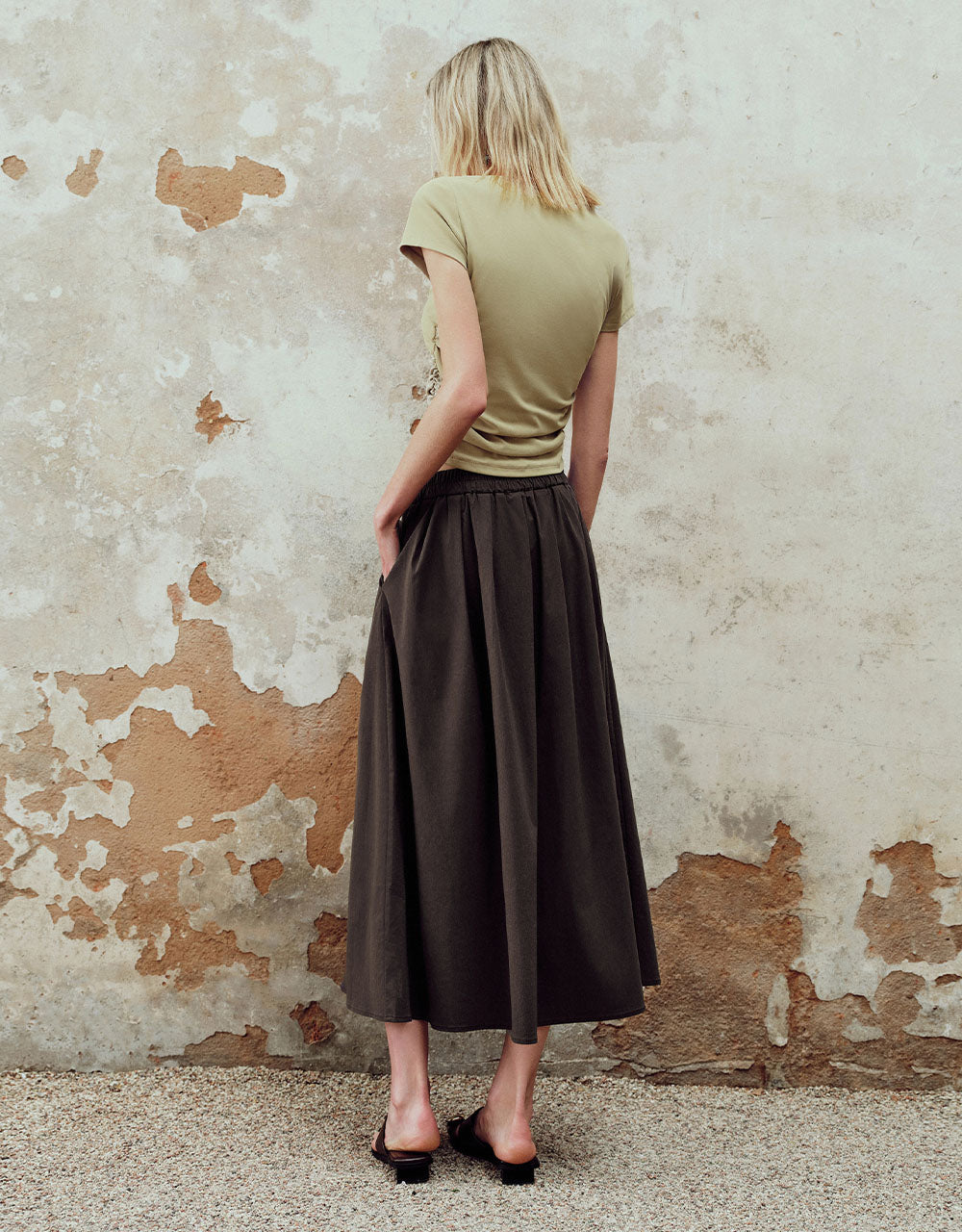 Elastic Waist Midi A-Line Skirt