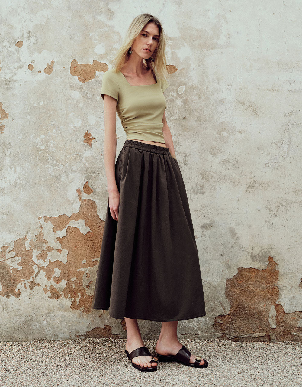 Elastic Waist Midi A-Line Skirt