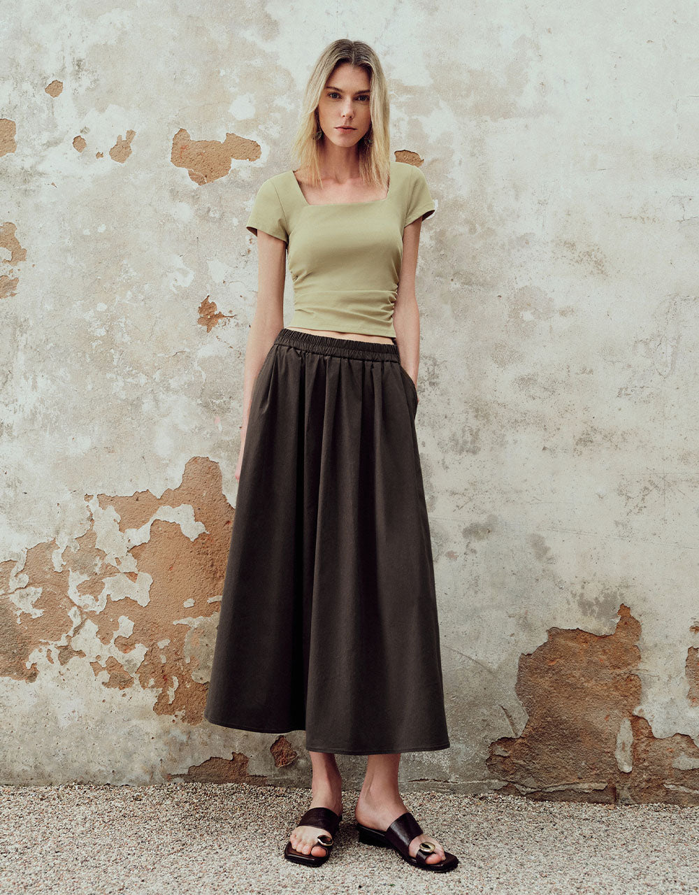 Elastic Waist Midi A-Line Skirt