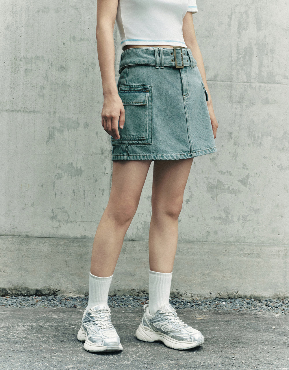 Mini A-Line Denim Skirt With Belt