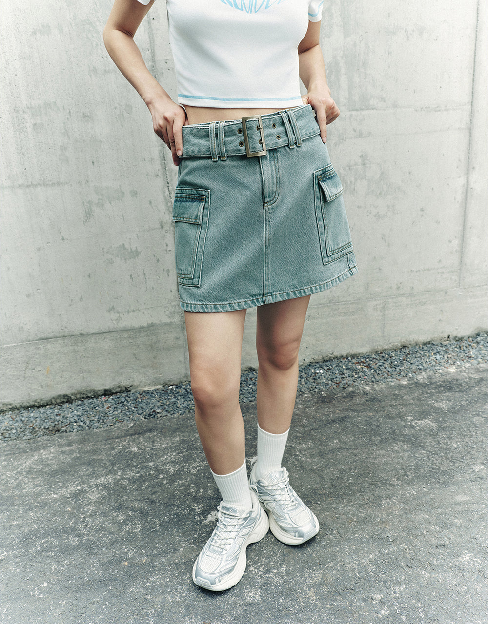 Mini A-Line Denim Skirt With Belt