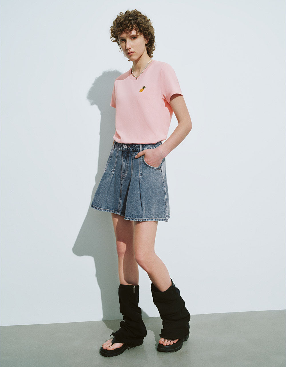 Pleated Mini A-Line Denim Skirt