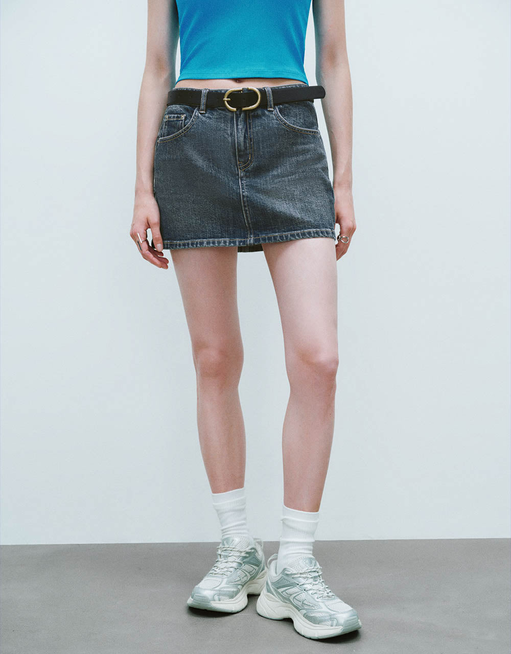 Mini Straight Denim Skirt With Belt