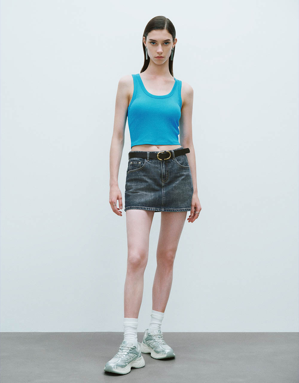 Mini Straight Denim Skirt With Belt