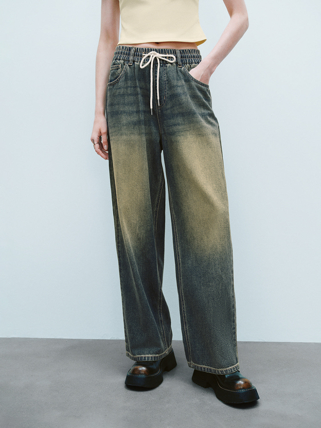 Drawstring Waist Wide-Leg Jeans