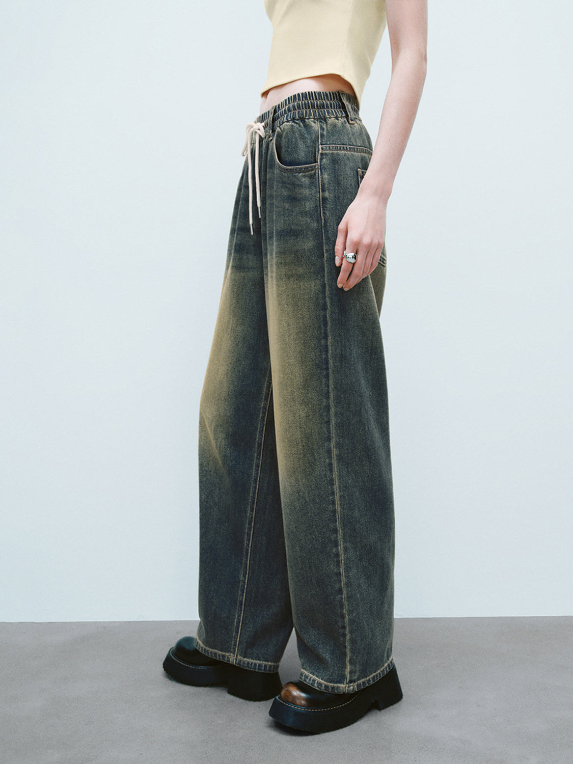 Drawstring Waist Wide-Leg Jeans