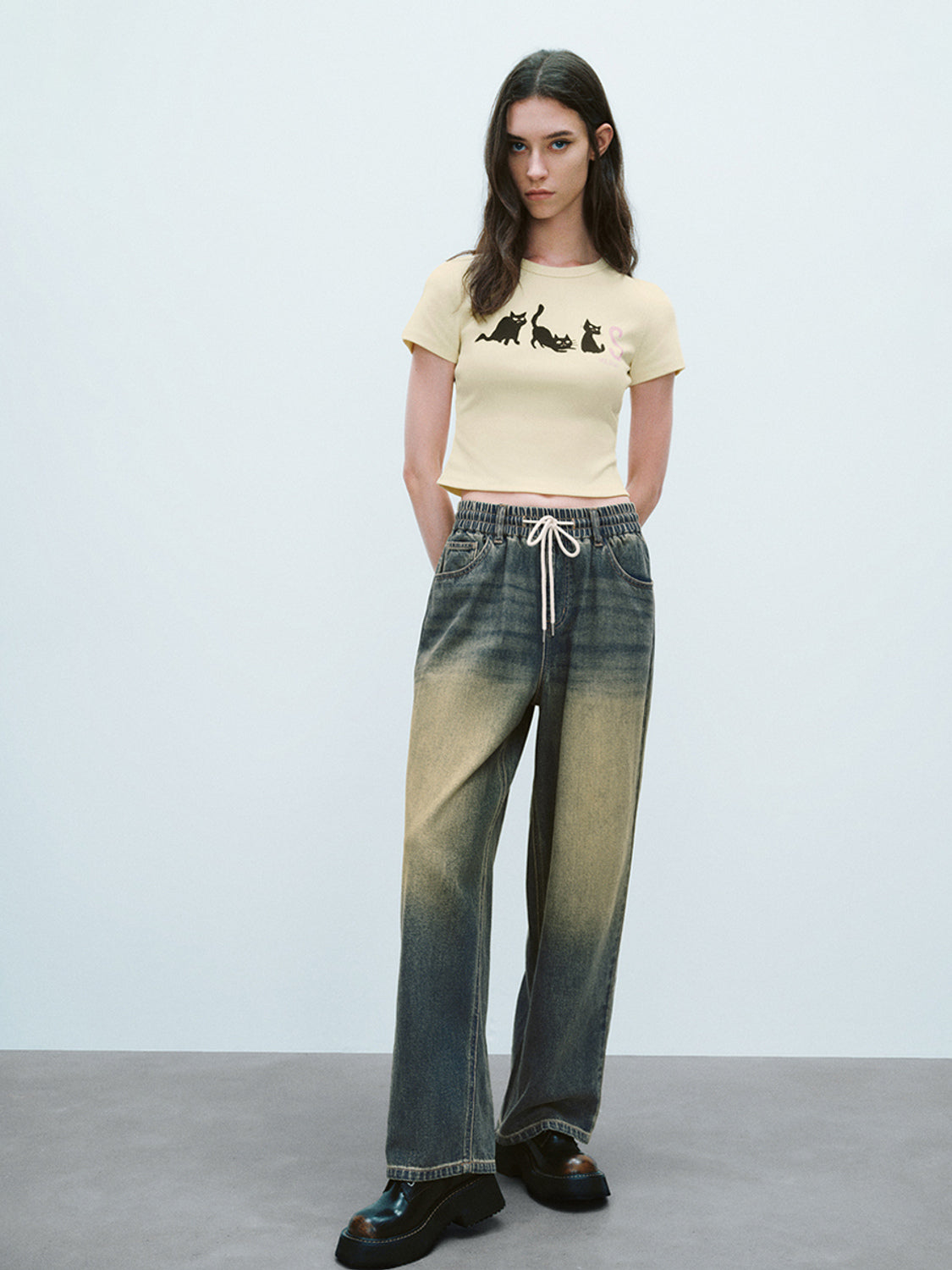 Drawstring Waist Wide-Leg Jeans