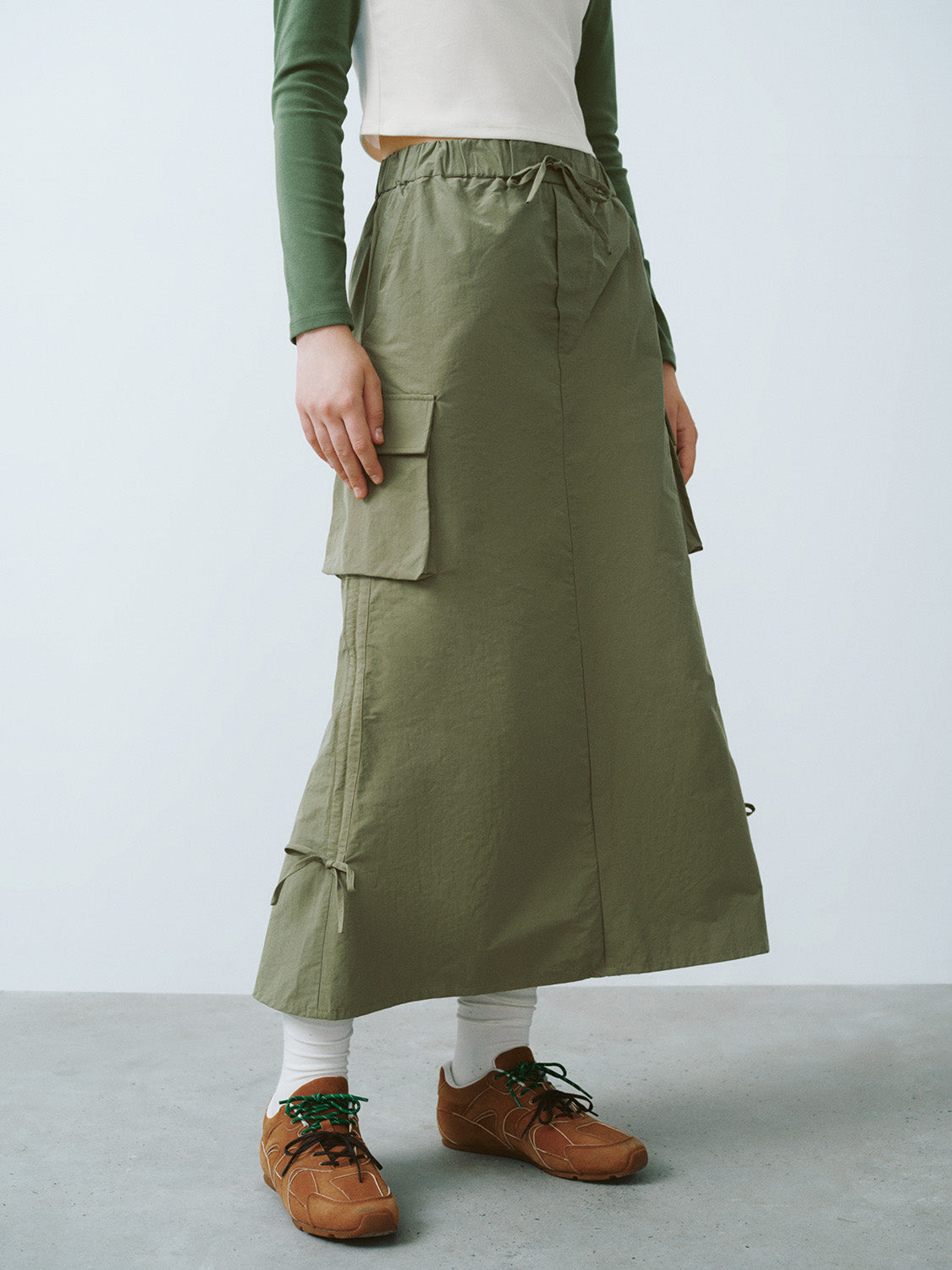 Drawstring Waist Midi A-Line Skirt