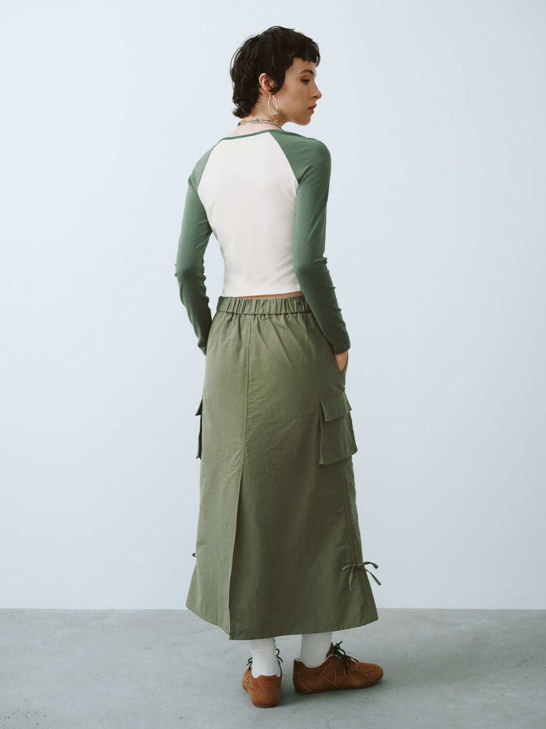 Drawstring Waist Midi A-Line Skirt