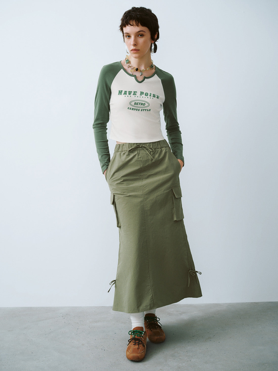 Drawstring Waist Midi A-Line Skirt