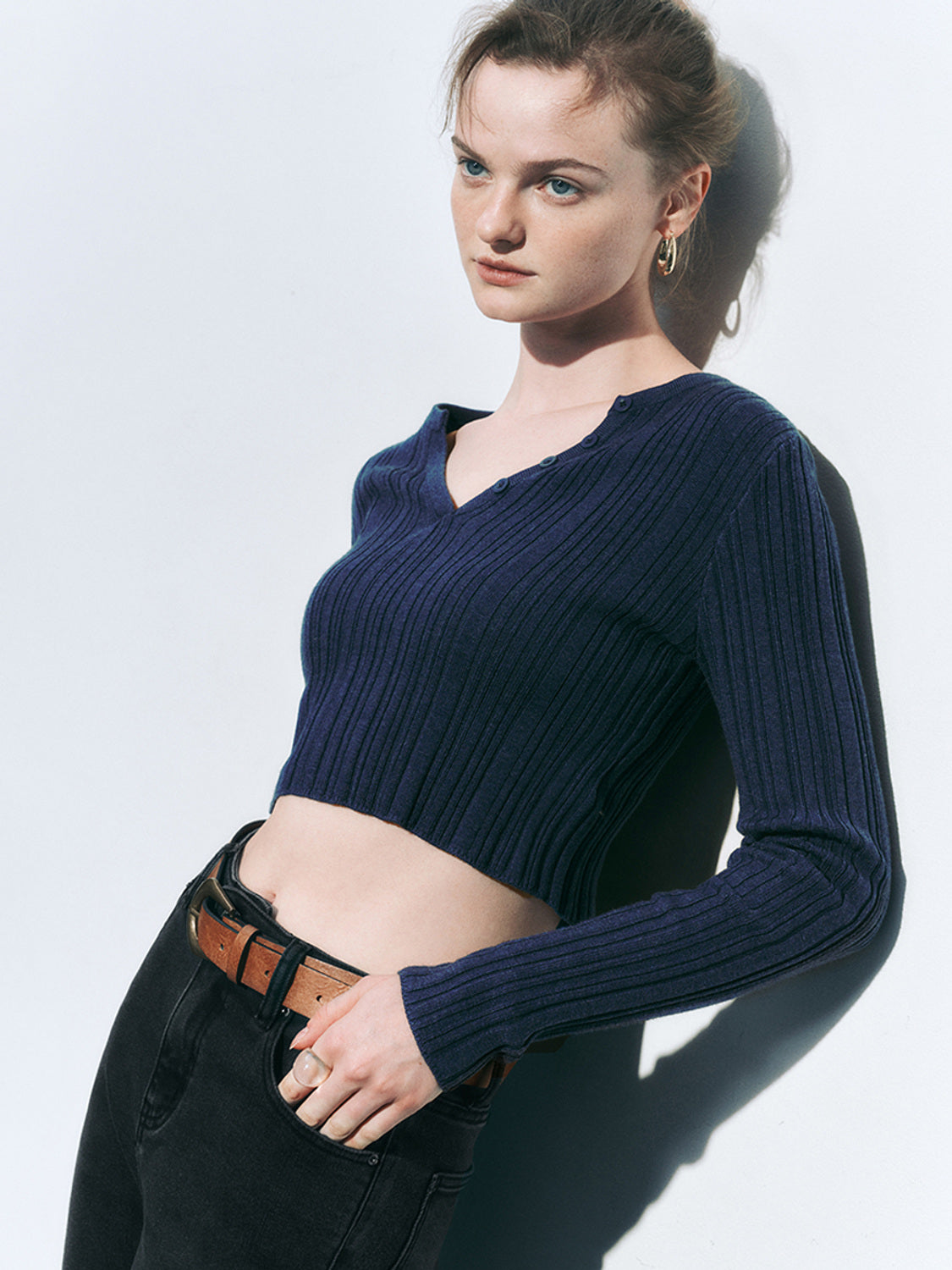 Button Half Placket Cropped Knitted T-Shirts