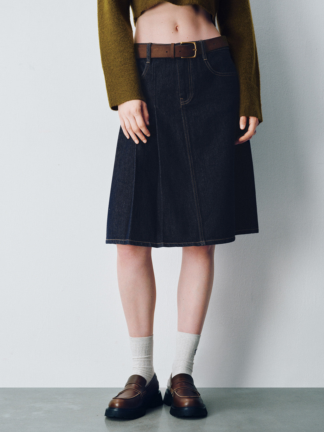 Midi Denim Skirt With Belt