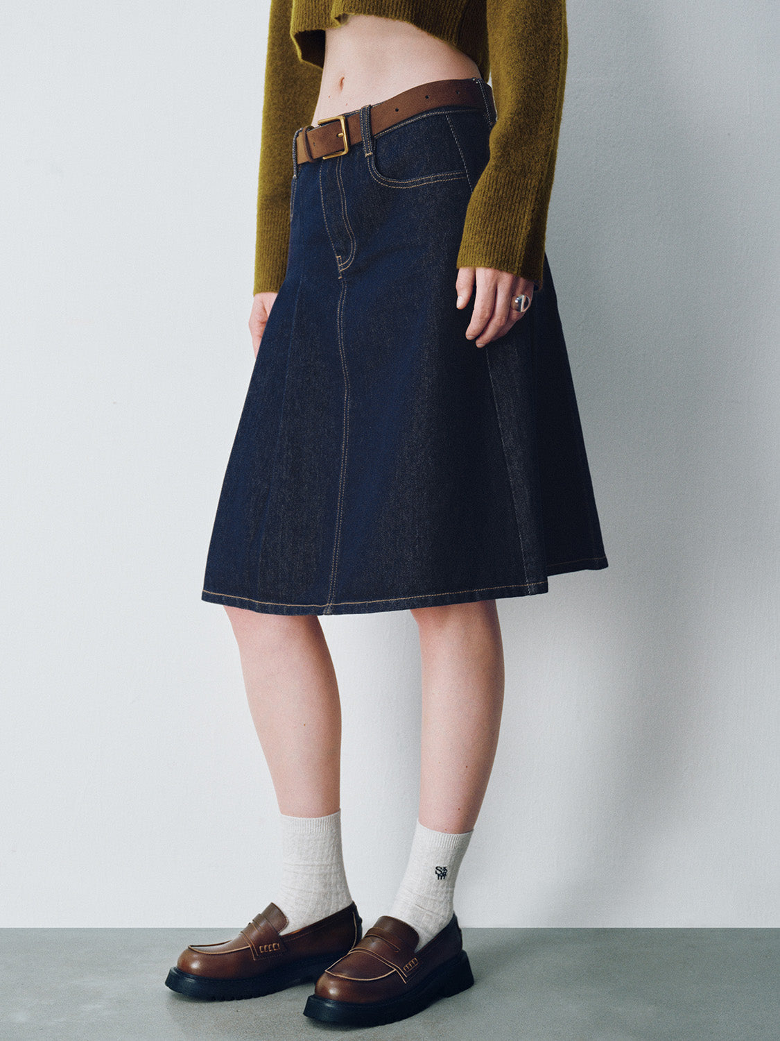 Midi Denim Skirt With Belt