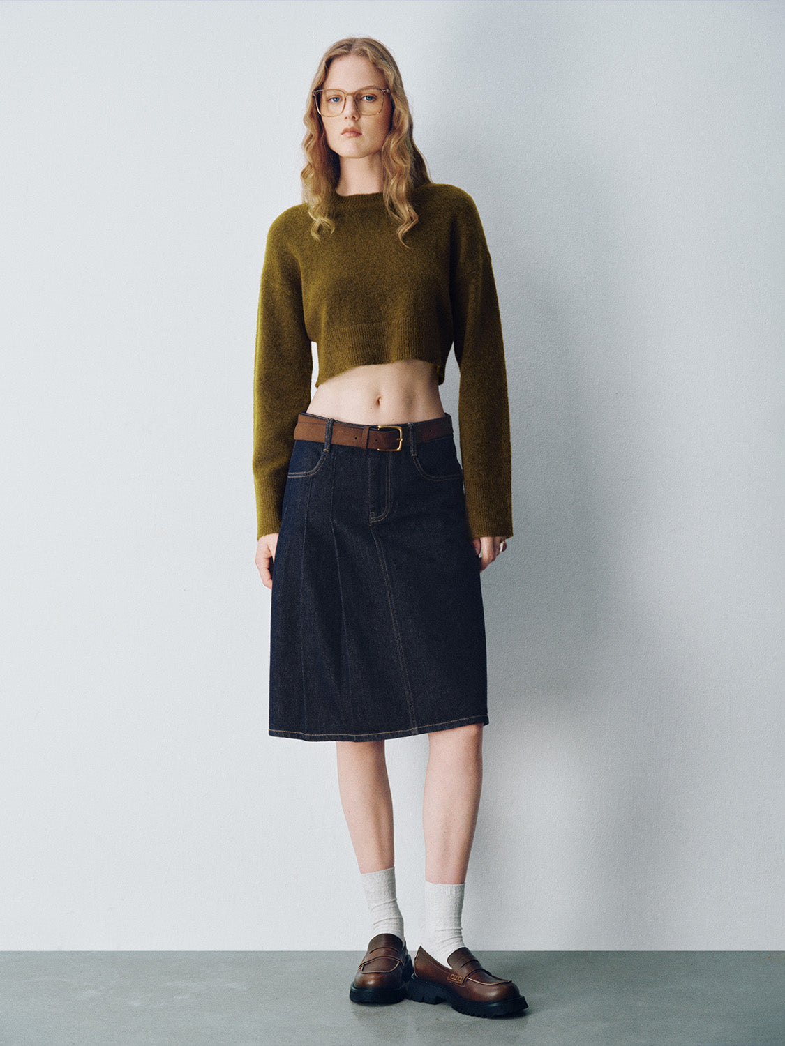 Midi Denim Skirt With Belt