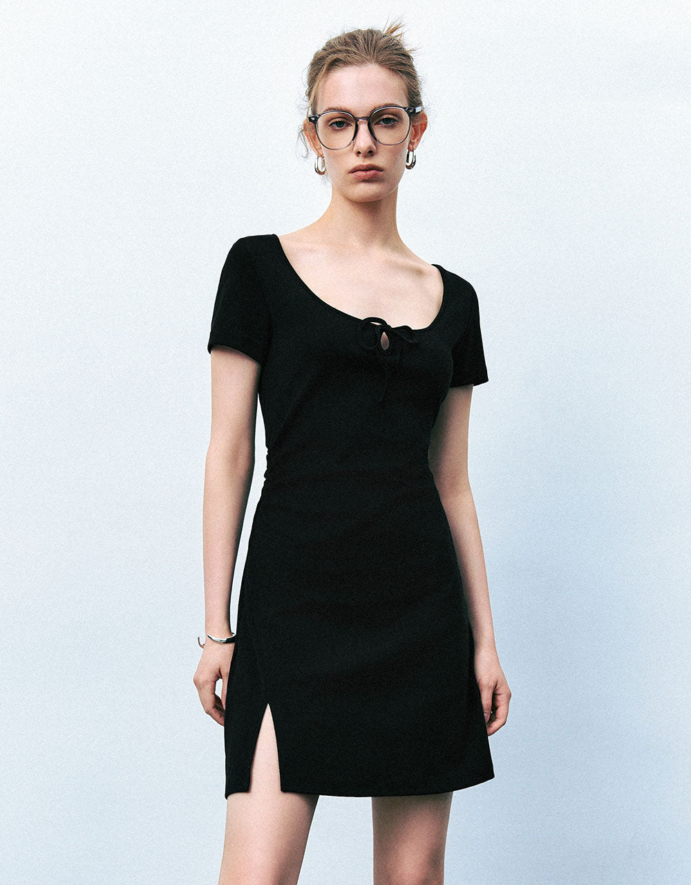 Tie Front Crew Neck  A-Line Dress