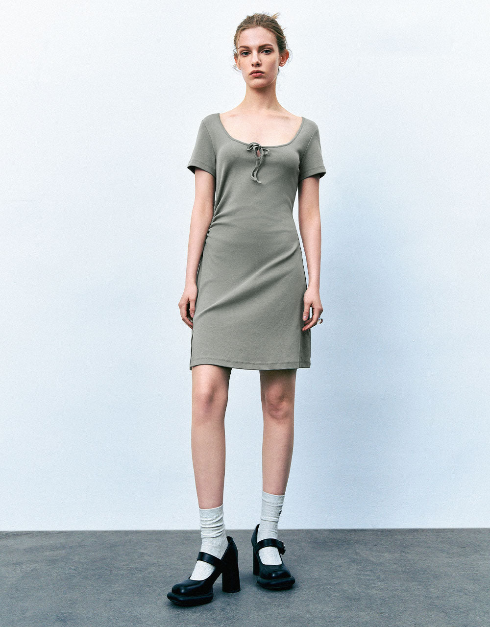 Tie Front Crew Neck  A-Line Dress