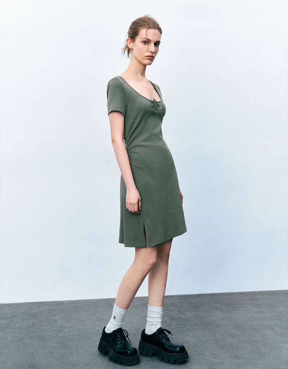 Tie Front Crew Neck  A-Line Dress