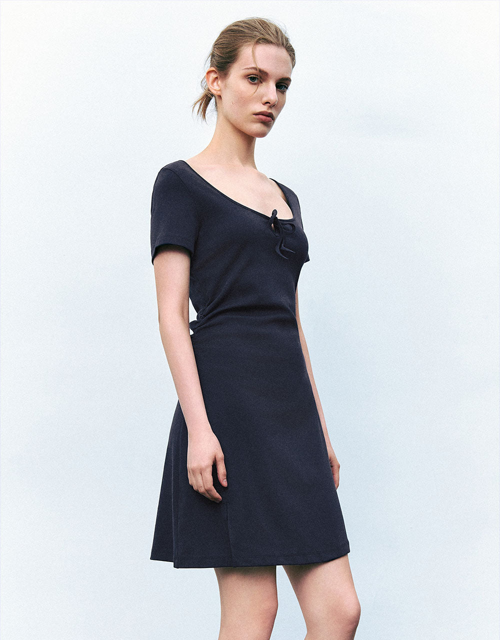 Tie Front Crew Neck  A-Line Dress