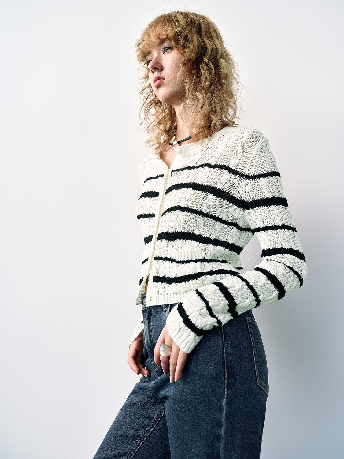 Striped Crew Neck Knitted Cardigan