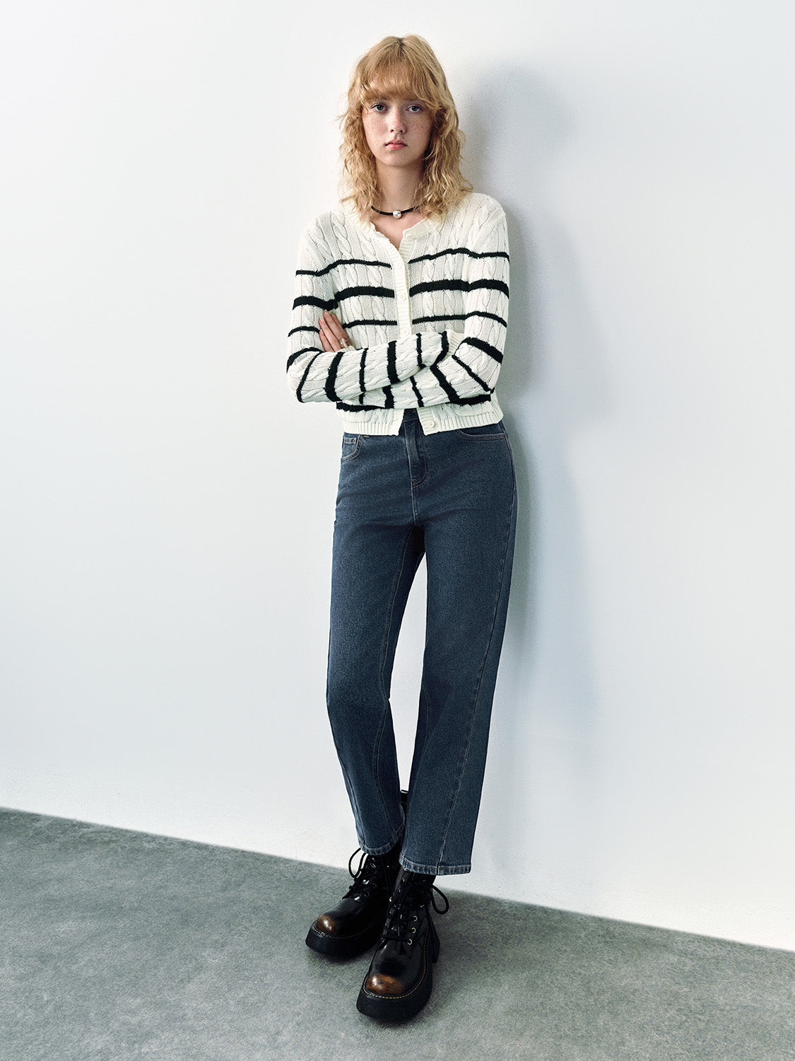 Striped Crew Neck Knitted Cardigan